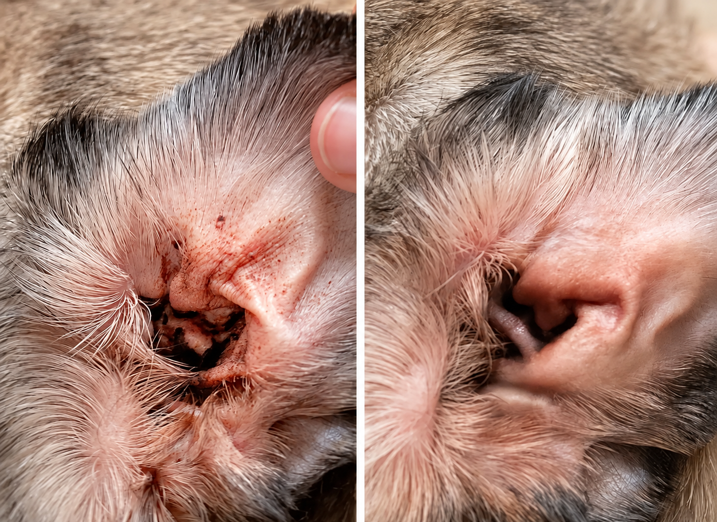 Side-by-side close-ups of a dog’s ear, before and after. Source image edited with AI to remove text.